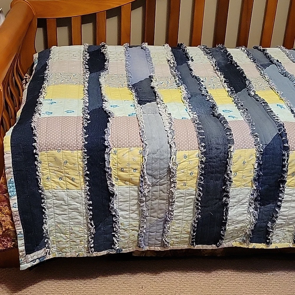 Upcyclef Twin Rag Quilt hand crafted with Denim Jeans Blue Yellow &  Gray Fabric